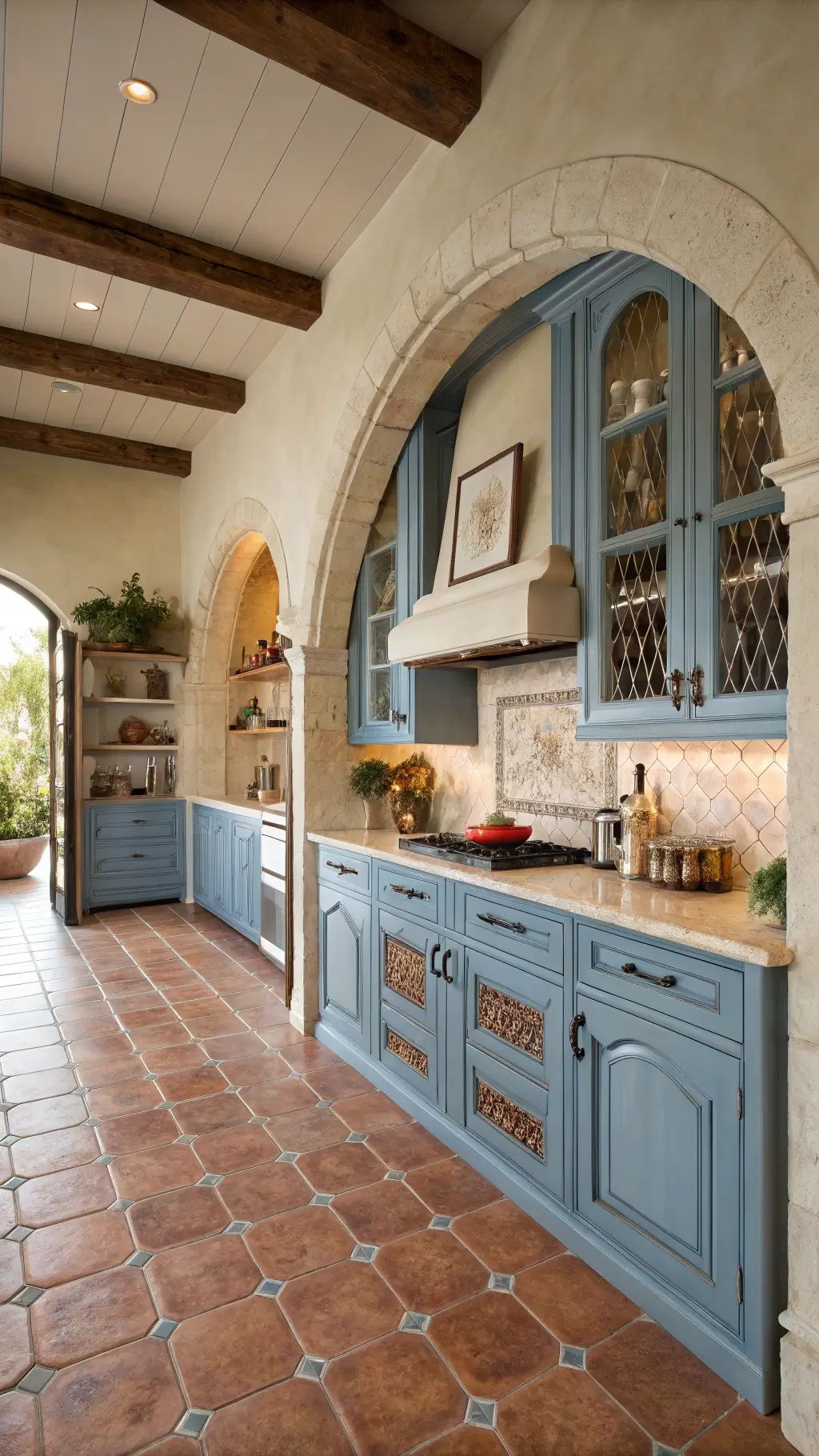 Mediterranean style kitchen with cornflower blue cabinets, terra cotta floors, and limestone counters, decorated earthenware, copper wrought iron accessories, lit warm afternoon glow