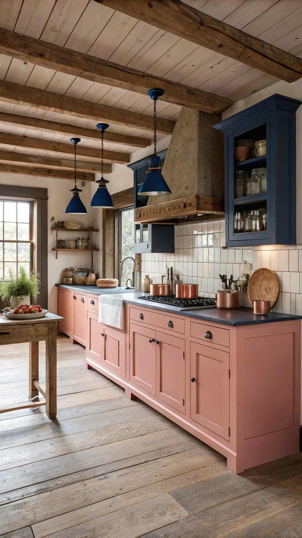 Rustic farmhouse kitchen featuring salmon pink cabinets, exposed wooden beams, and a butcher block island illuminated by navy blue pendant lights during golden hour.