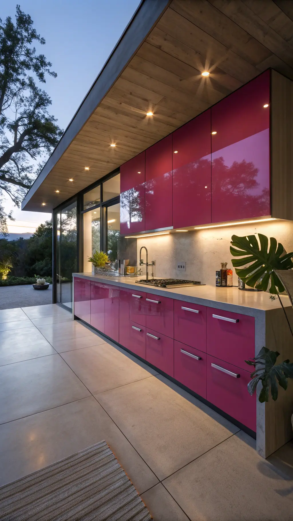 Sleek open-plan kitchen with glossy fuchsia cabinets, concrete countertops, stainless steel appliances, and a large monstera plant, captured during blue hour.