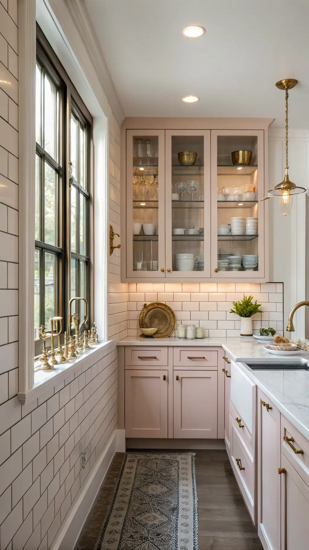 Cozy galley kitchen featuring blush pink cabinets, subway tile backsplash, and brass sconces illuminated by morning sunlight.
