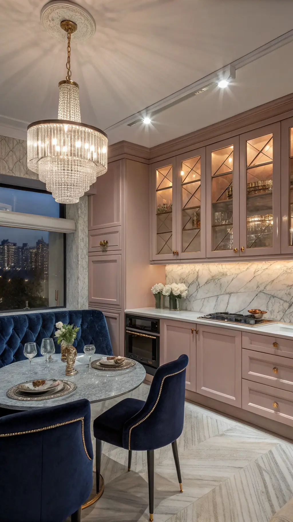 Elegant transitional kitchen at dusk with rose-tinted cabinets, crystal knobs, marble herringbone backsplash, and a velvet navy breakfast nook under a dramatic chandelier.