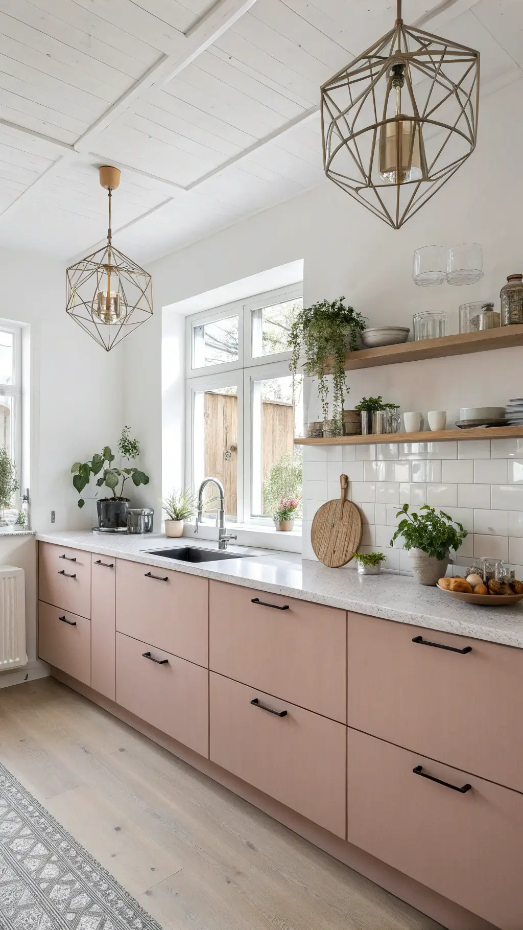 Bright Scandinavian kitchen with dusty pink cabinets, white oak shelving, geometric pendant lighting, and potted herbs on a minimalist windowsill in midday sun.