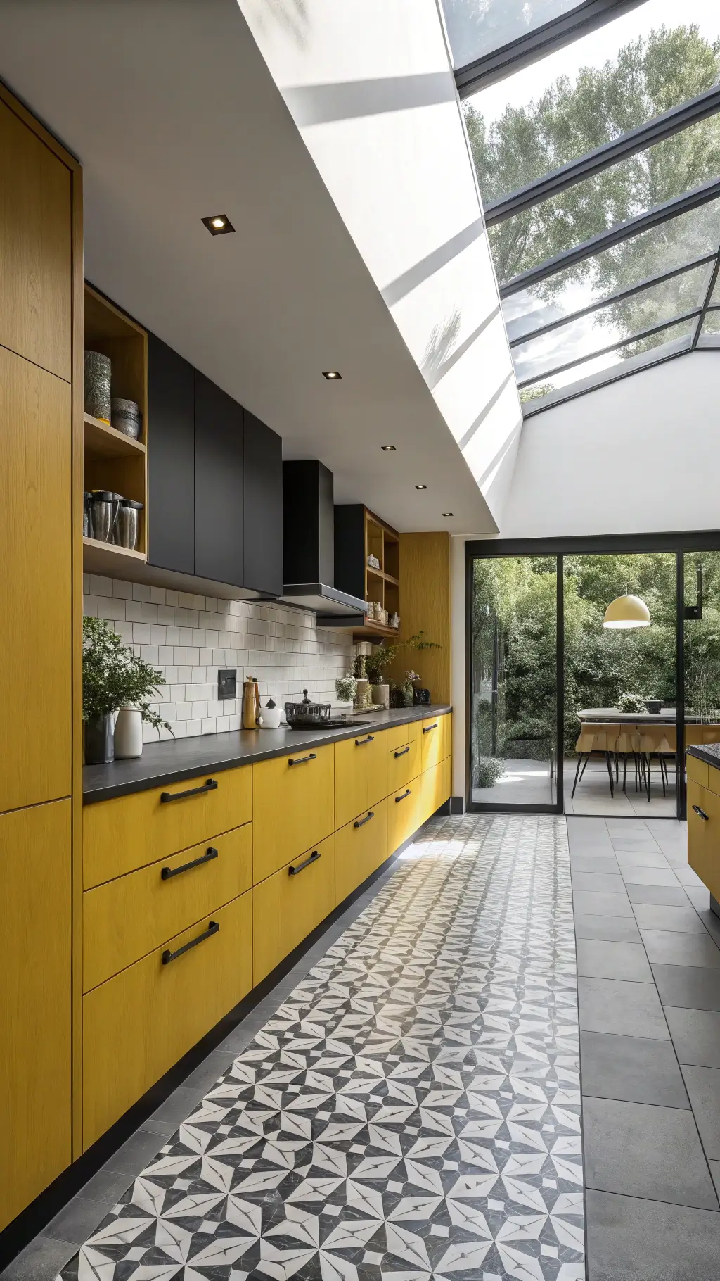 modern kitchen with mustard yellow cabinets, concrete countertops, black and white tile flooring, natural lighting from skylights