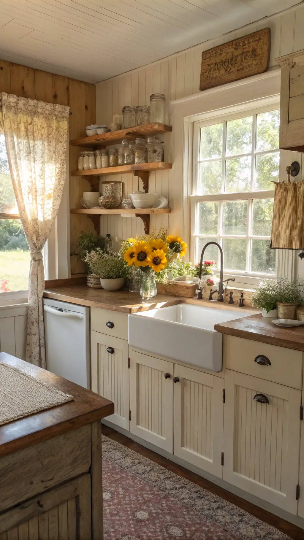 cozy country kitchen in a farmhouse showing honeywheat beadboard cabinets, cream granite counters, white sink, distressed wood island, vintage ironstone on open shelves, and fresh wildflowers mason jars under warm afternoon light.