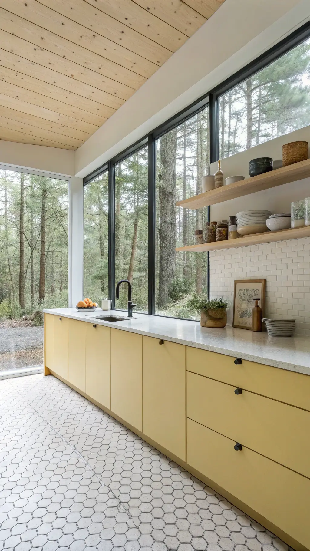 minimalist scandinavian kitchen with yellow cabinets, white oak accents, concrete countertops, floor-to-ceiling windows displaying forest view, open floating shelves ceramics, and hexagonal floor extending to the backsplash in diffused natural lighting
