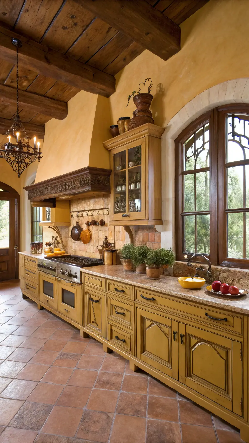 tuscan-style kitchen with ochre-yellow cabinets, terracotta floors, wooden beams, bronze fixtures, marble backsplash, wrought iron pot rack copper cookware, and fresh produce in bowls under golden hour lighting