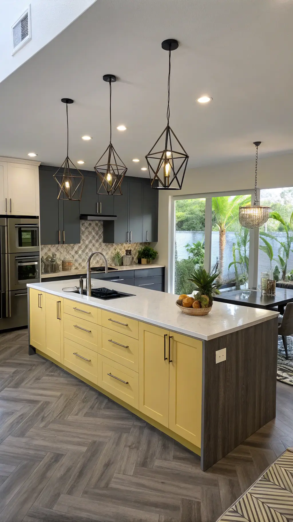 modern 16x20ft kitchen with cream yellow upper cabinets, charcoal gray lower quartz waterfall island, geometric pendant lights, smoked glass herringbone wood floors, and living wall of tropical plants