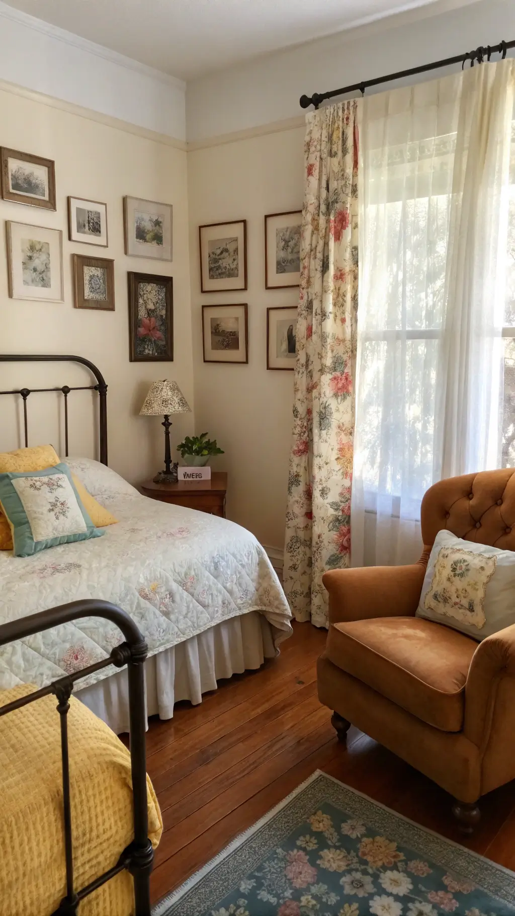 Vintage-inspired guest bedroom bathed in dawn light with hardwood floors, iron bed adorned with vintage pillows and a patchwork quilt, corner reading nook featuring velvet armchair and brass floor lamp.
