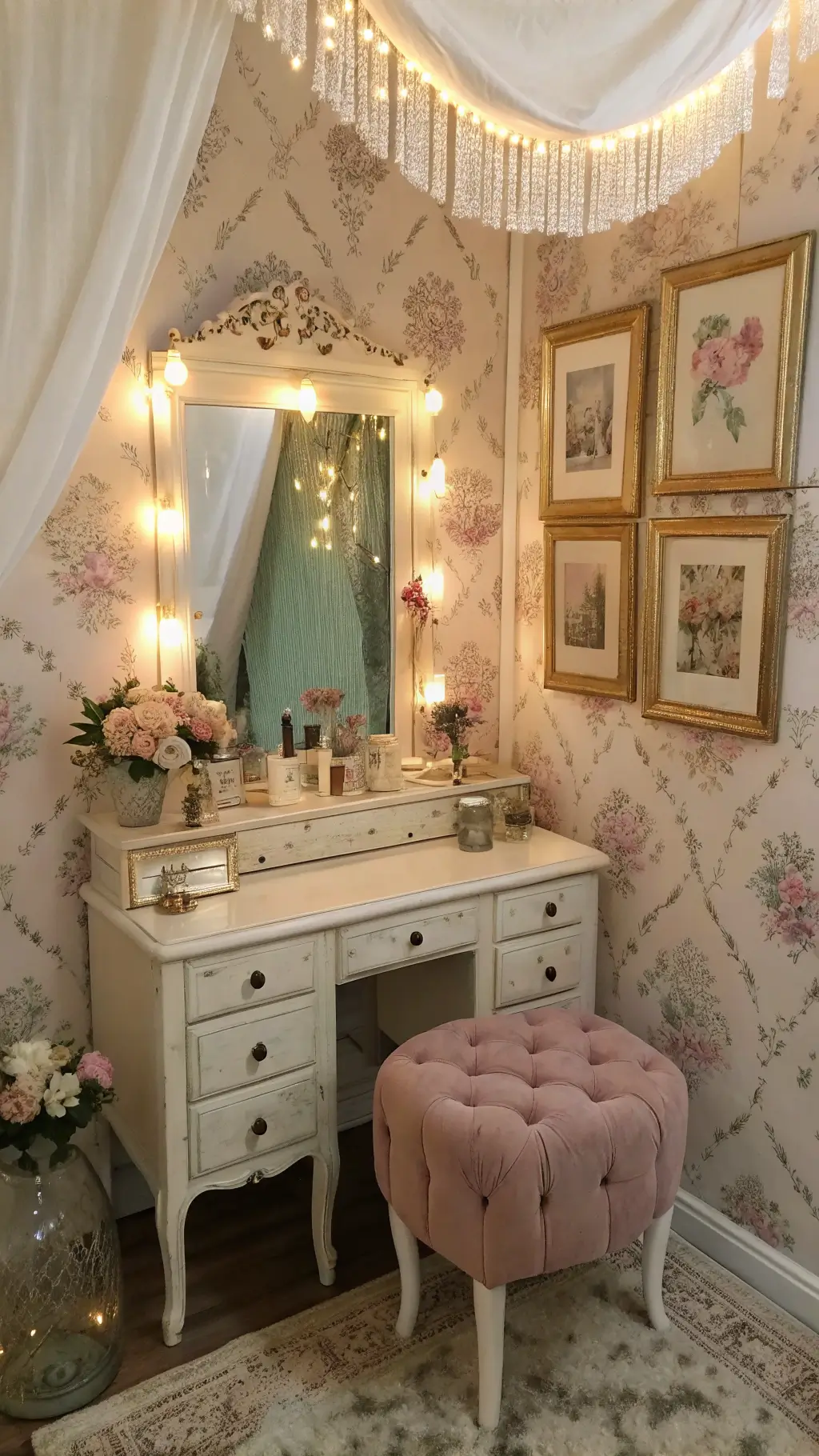 Dreamy dusk corner vignette featuring ivory antique vanity with crystal perfume bottles and silver-backed brushes under vintage lace canopy string lights, set against dusty pink sage floral wallpaper paired with muted mauve velvet stool, surrounded by pressed flowers in gilded frames.