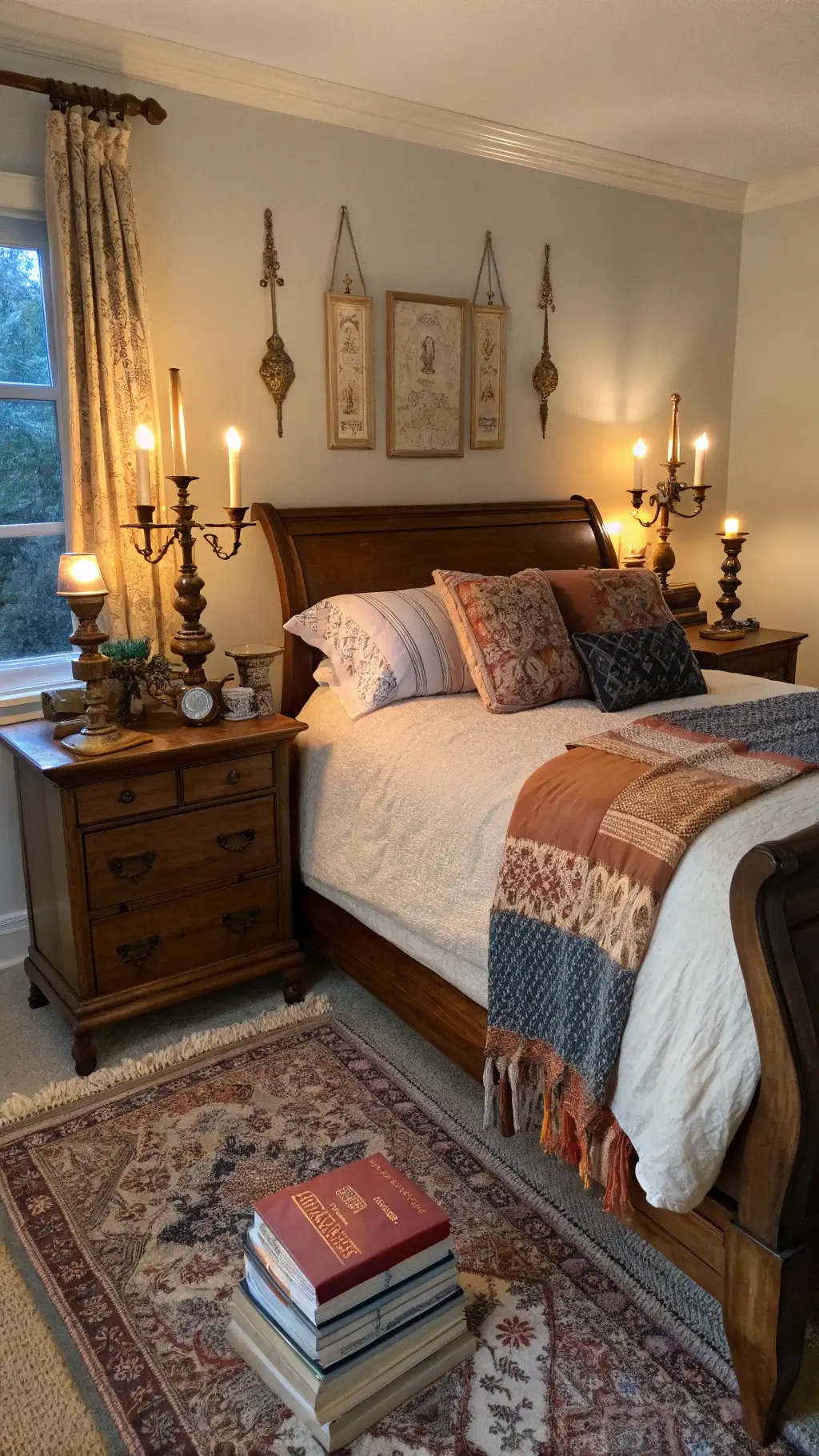 A cozy 11x13ft bedroom at twilight with vintage lamps, an oak sleigh bed adorned with cream, blue, and terra cotta bedspreads, and mismatched bedside tables with brass candlesticks and stacked books, captured from an elevated perspective.