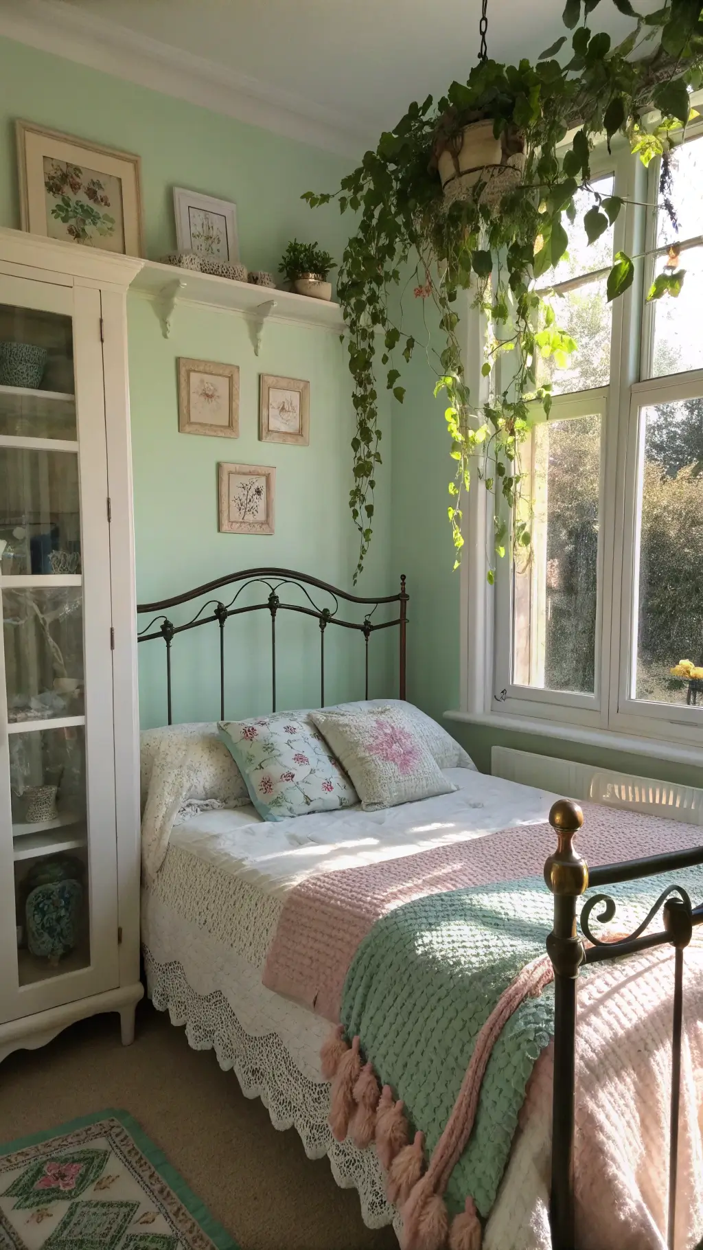Victorian-inspired bedroom with sunlight streaming through bay windows, wrought iron bed adorned with artificial ivy and pastel crocheted blankets, antique teacups on floating shelves, a cream armoire filled with vintage linens.