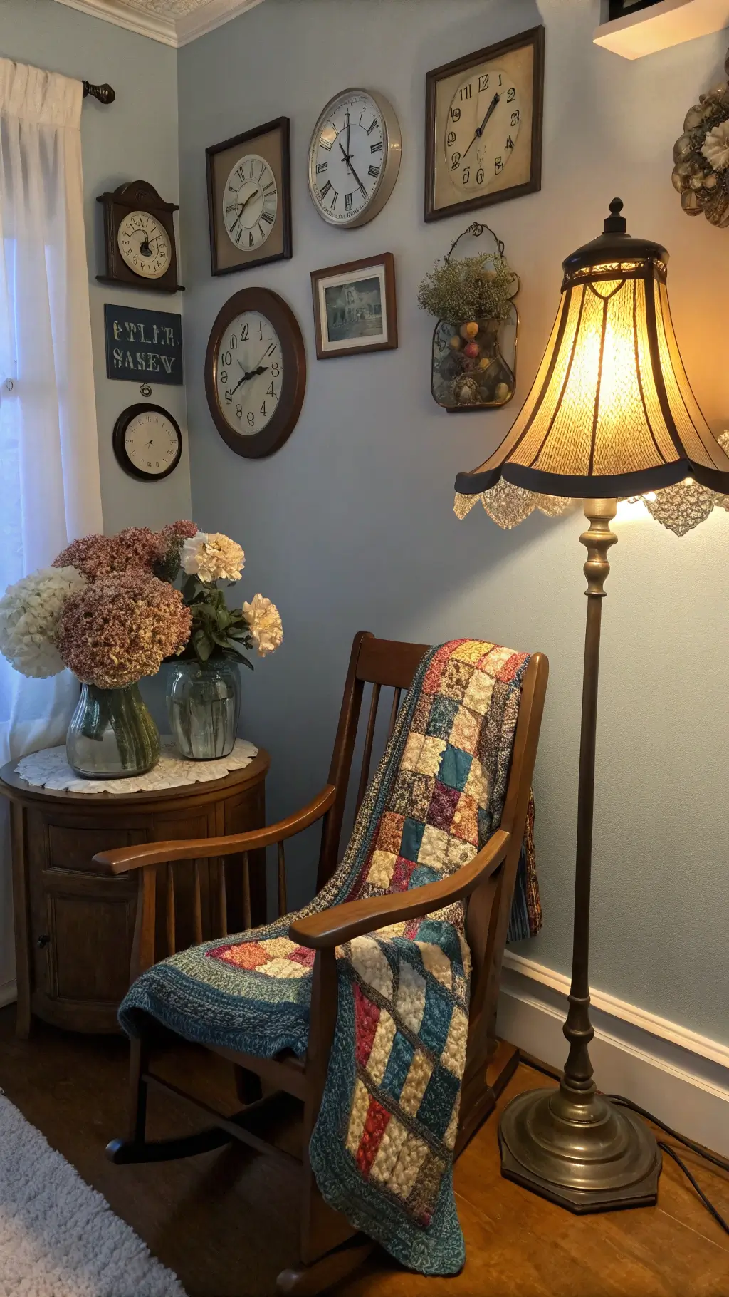 Atmospheric bedroom corner at blue hour featuring a wooden rocker with colorful afghan, brass floor lamp, vintage wall clocks, and dried hydrangeas in mercury glass vases.