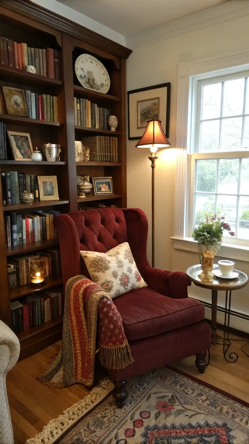 Cozy reading nook with full bookshelf, burgundy velvet chair, and warm brass floor lamp