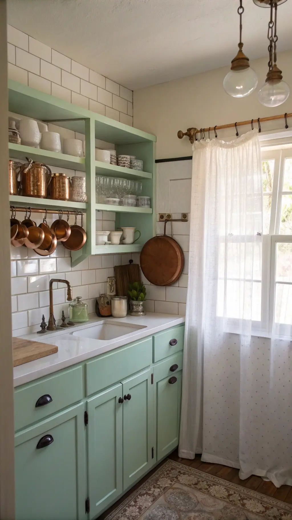 1950s kitchen corner with mint-green cabinets, vintage teacups on open shelving, wooden cutting board against subway tile backsplash, and copper pots hanging from ceiling rack