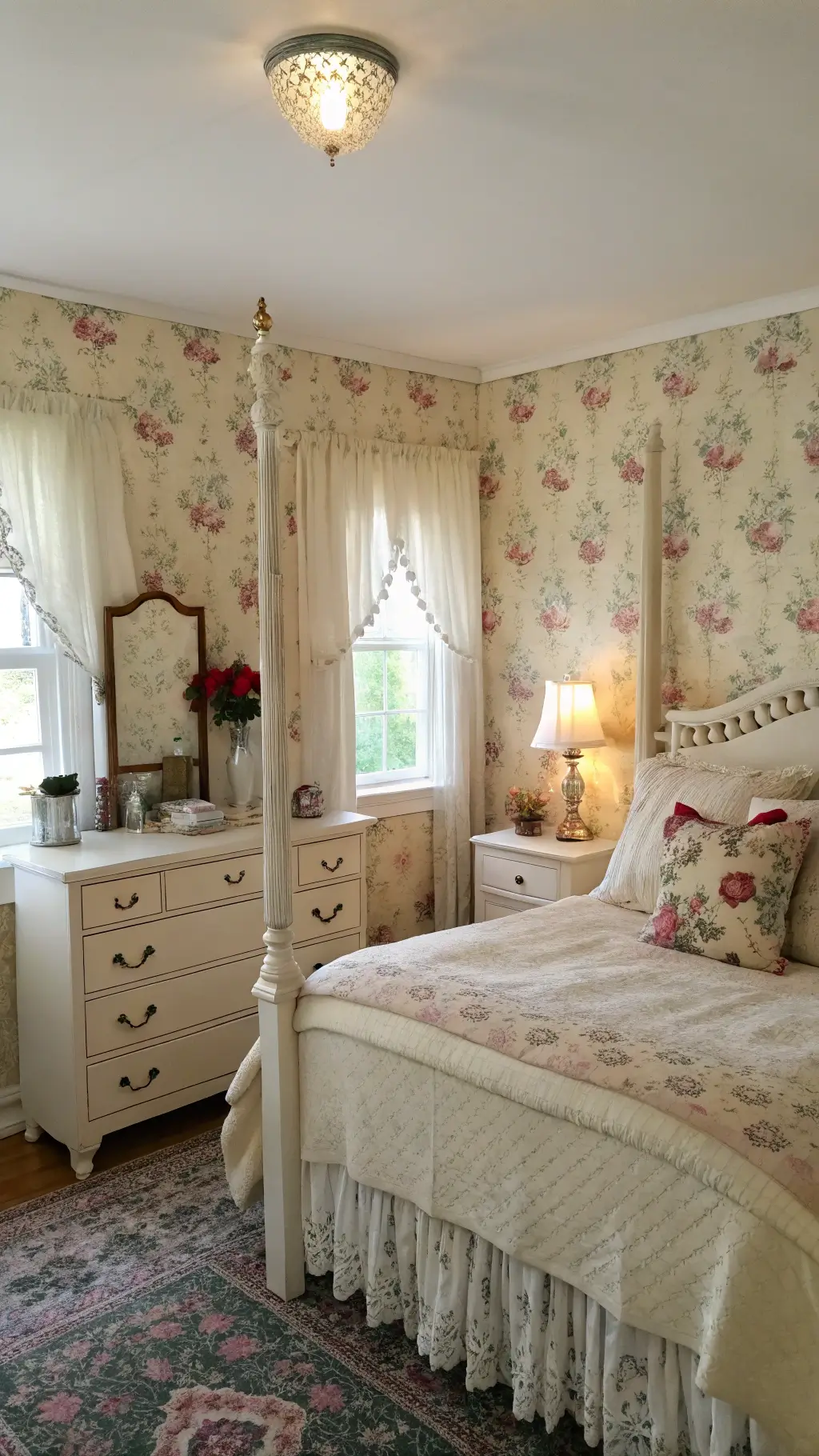 Bright guest bedroom with cabbage roses wallpaper, vintage quilts, distressed white dresser, crystal perfume bottles, and lace curtains filtering light