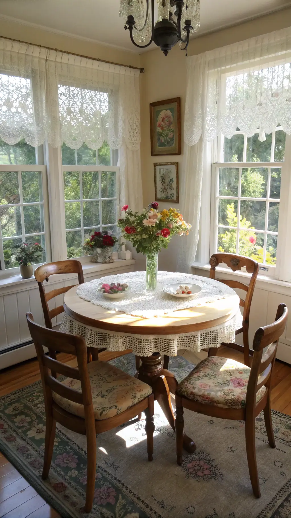 Early morning sunlight illuminating a garden-view breakfast nook with round oak table, mismatched wooden chairs, sheer cotton panel windows, and vintage botanical prints on the walls