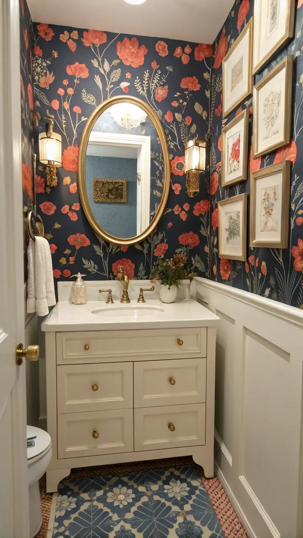 Vintage styled powder room with bold navy and coral floral wallpaper, cream painted vanity, brass hardware, oval mirror in gold frame, antique sconces, cluster of botanical prints