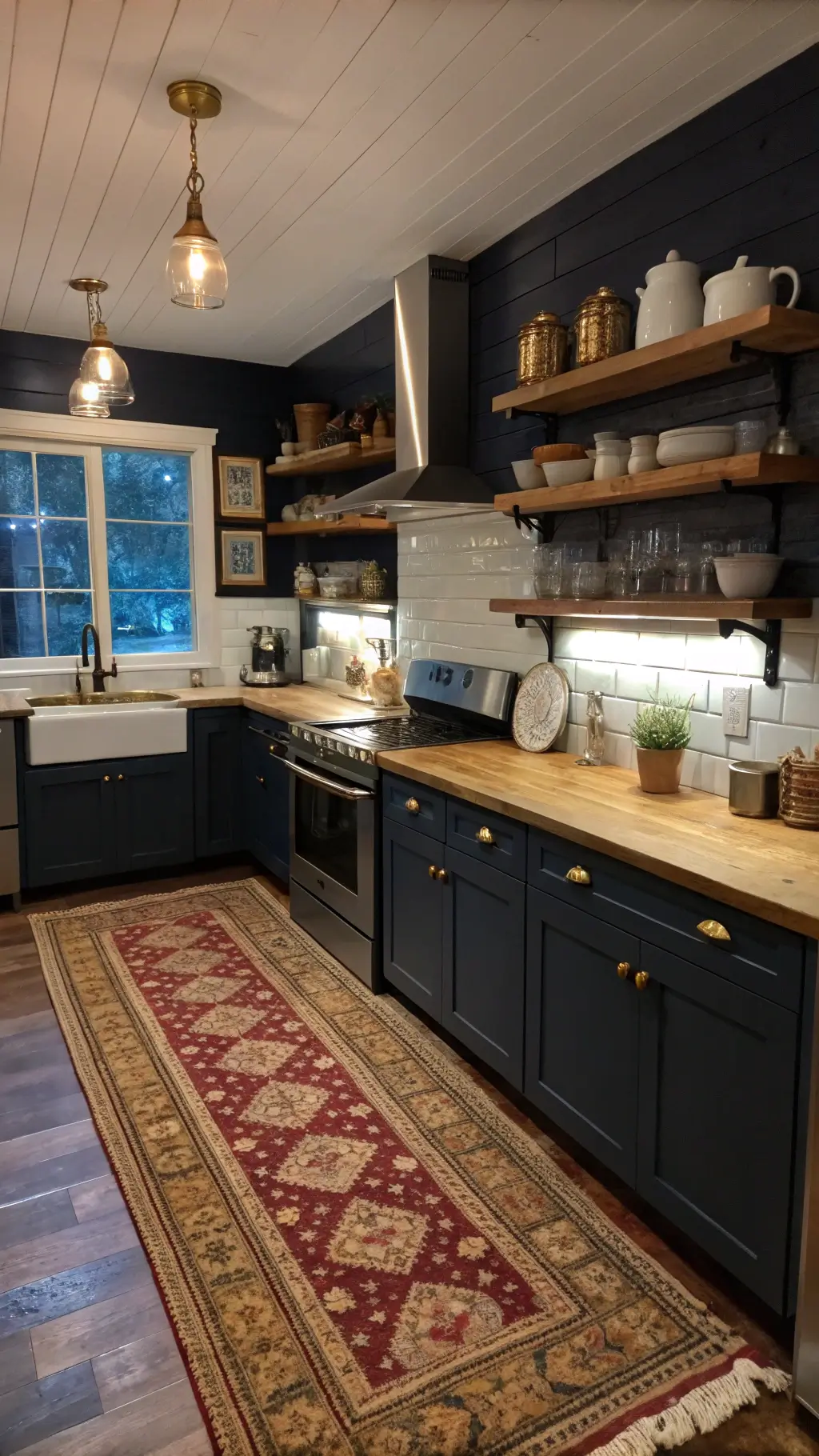 Cozy kitchen at dusk with navy shiplap walls, butcher block countertops, antique brass hardware, hand-painted teapots on wooden shelves, modern appliances, vintage accessories, and Persian runner rug under soft milk glass pendant lights.