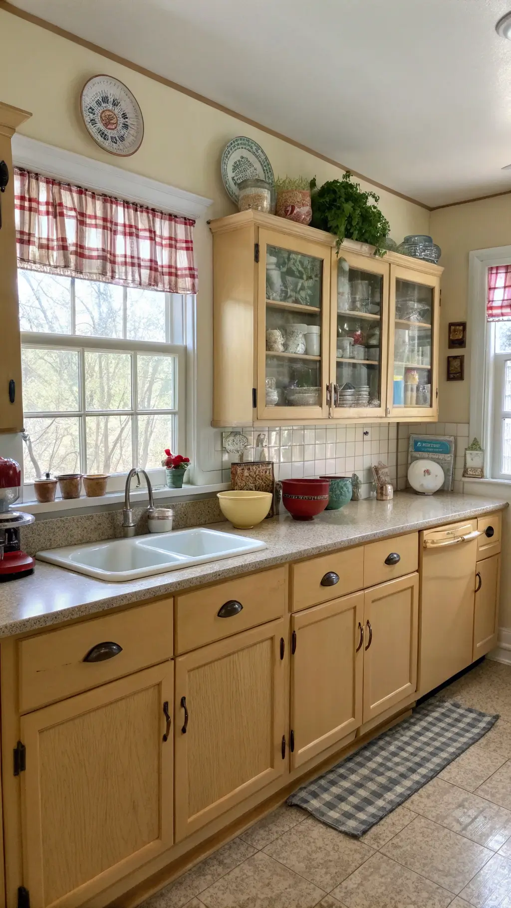 Vintage-inspired 11x13ft kitchen in warm mid-afternoon light, featuring cream walls, honey-toned cabinets, colorful Pyrex collections in a 1950s Hoosier cabinet, and quartz countertops with ceramic mixing bowls and enameled canisters, framed by gingham curtains and potted herbs.