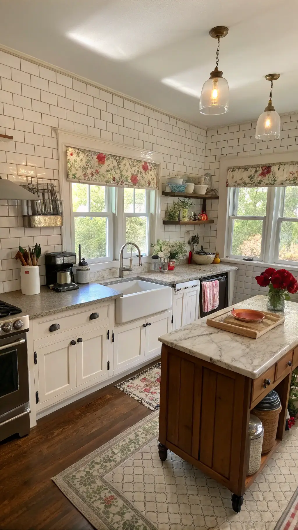 Bright and spacious 15x18ft kitchen with white subway tiles, floral wallpaper, massive farmhouse sink contrasted by retro-colored modern appliances and vintage enamelware, highlighted by natural light from east-facing windows.