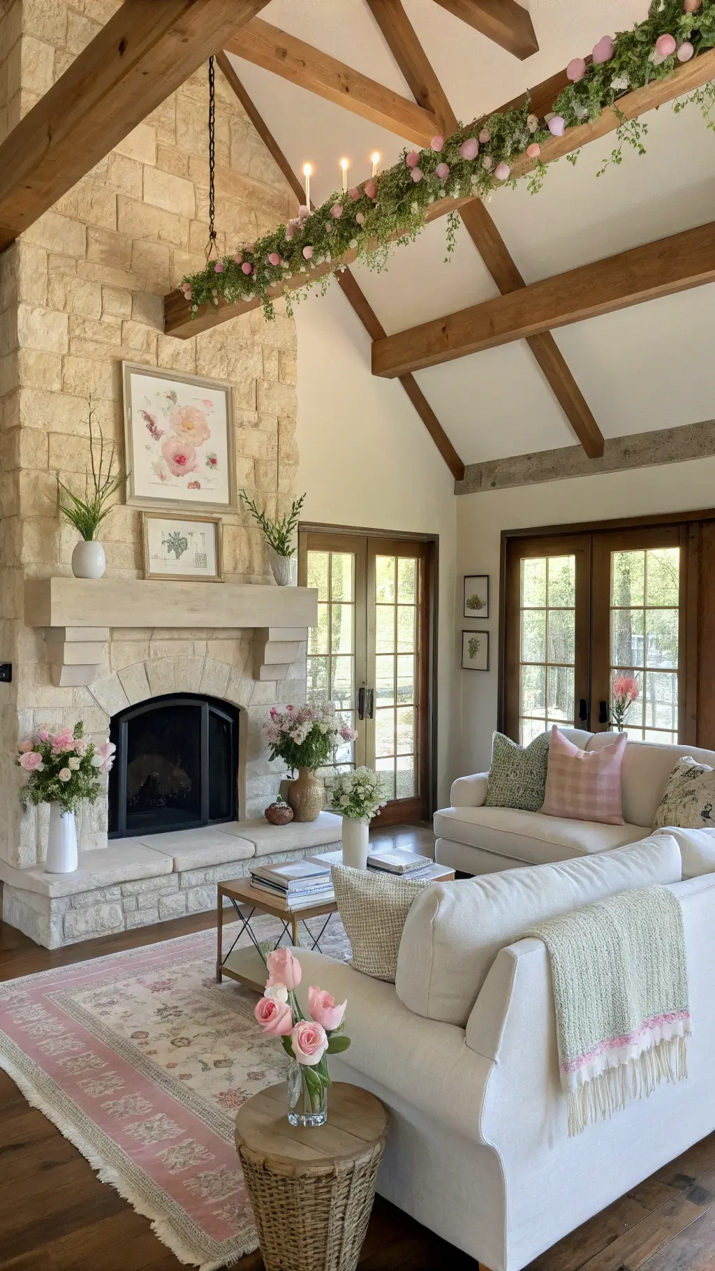 Bright living room with floral garlands, bunny-themed pillows, and fresh spring flowers