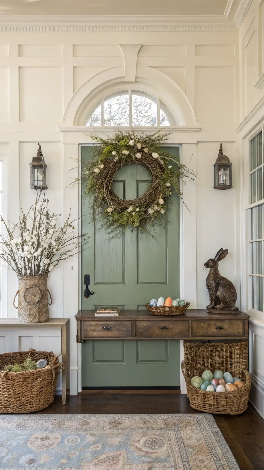 Inviting entryway with grapevine wreath, bronze bunny statues, and baskets of colorful eggs