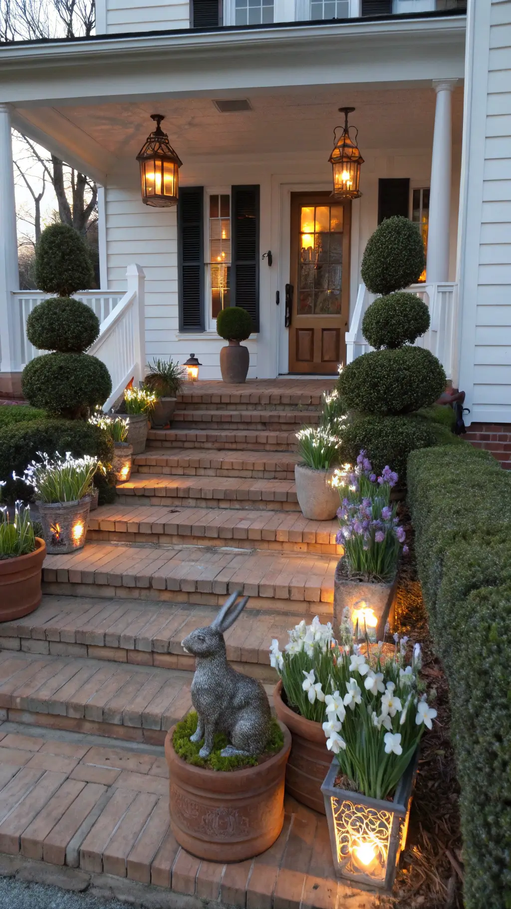 Front porch decorated with rabbit-shaped topiaries, potted spring flowers, and silver bunny accents