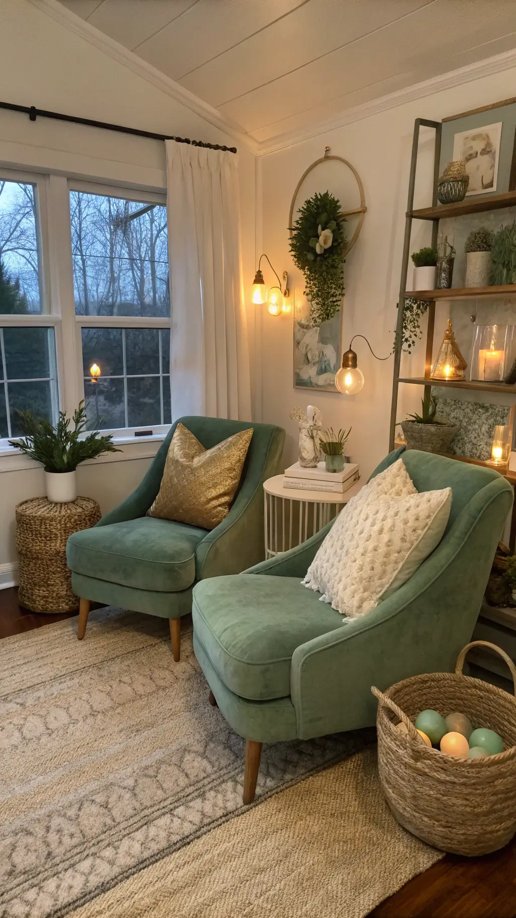 Cozy sitting room with velvet chairs, gold pillows, natural rug, and Easter-themed decor