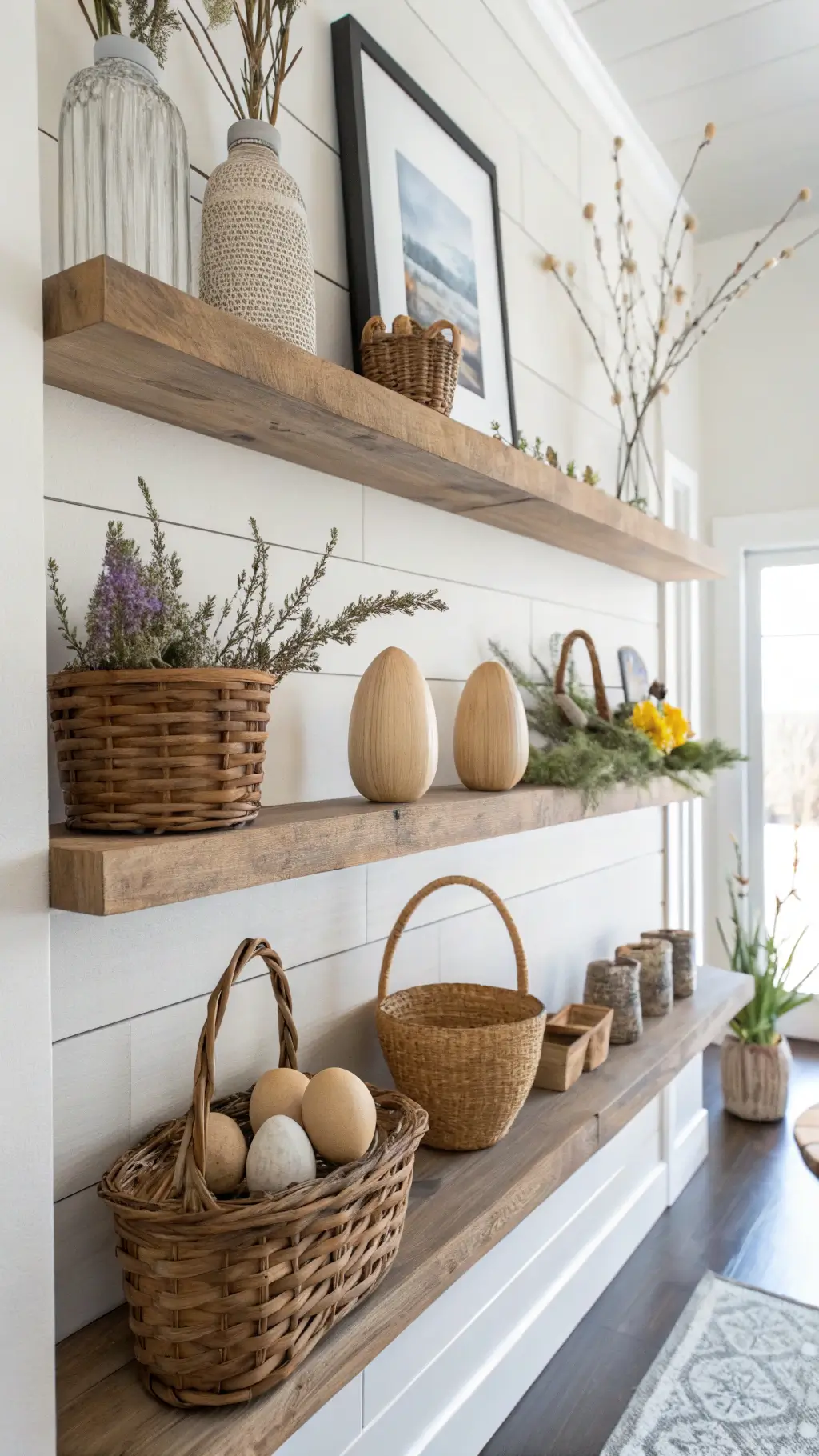 Minimalist Easter display with sustainable wooden eggs, natural fiber baskets, and earth-toned linens