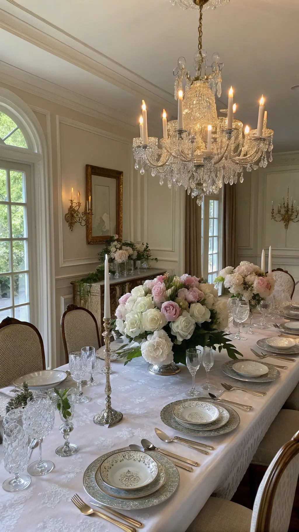 Sophisticated dining room set for Easter with fine china, crystal glassware, silver candlesticks, and a floral centerpiece beneath a chandelier