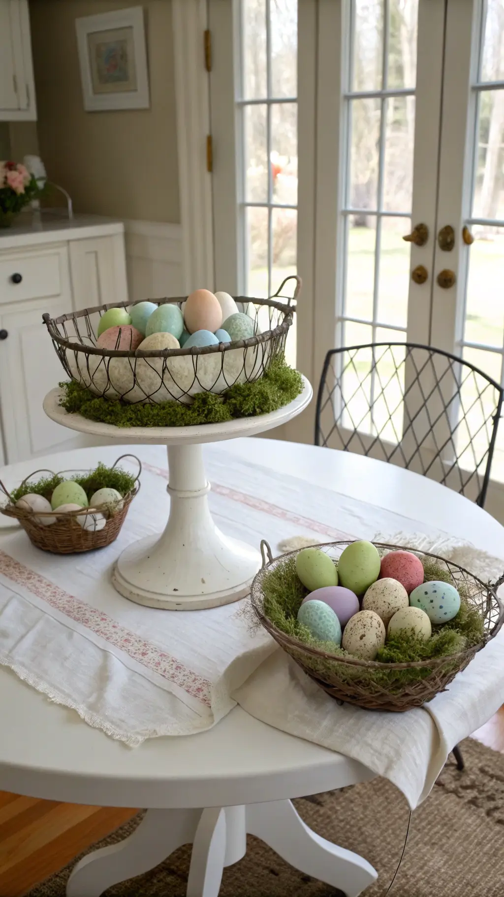 Cozy breakfast nook decorated with hand-painted eggs nestled in moss and wire baskets filled with organic eggs, illuminated by morning sunlight through French doors