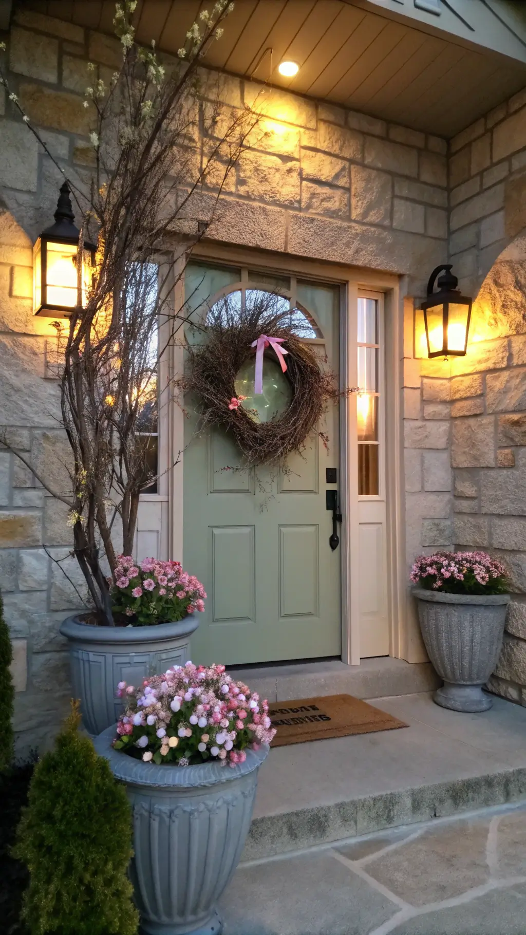 Evening view of a welcoming porch with a sage-green door adorned with a grapevine wreath, zinc planters filled with spring flowers, and warm ambient lighting highlighting a natural stone facade