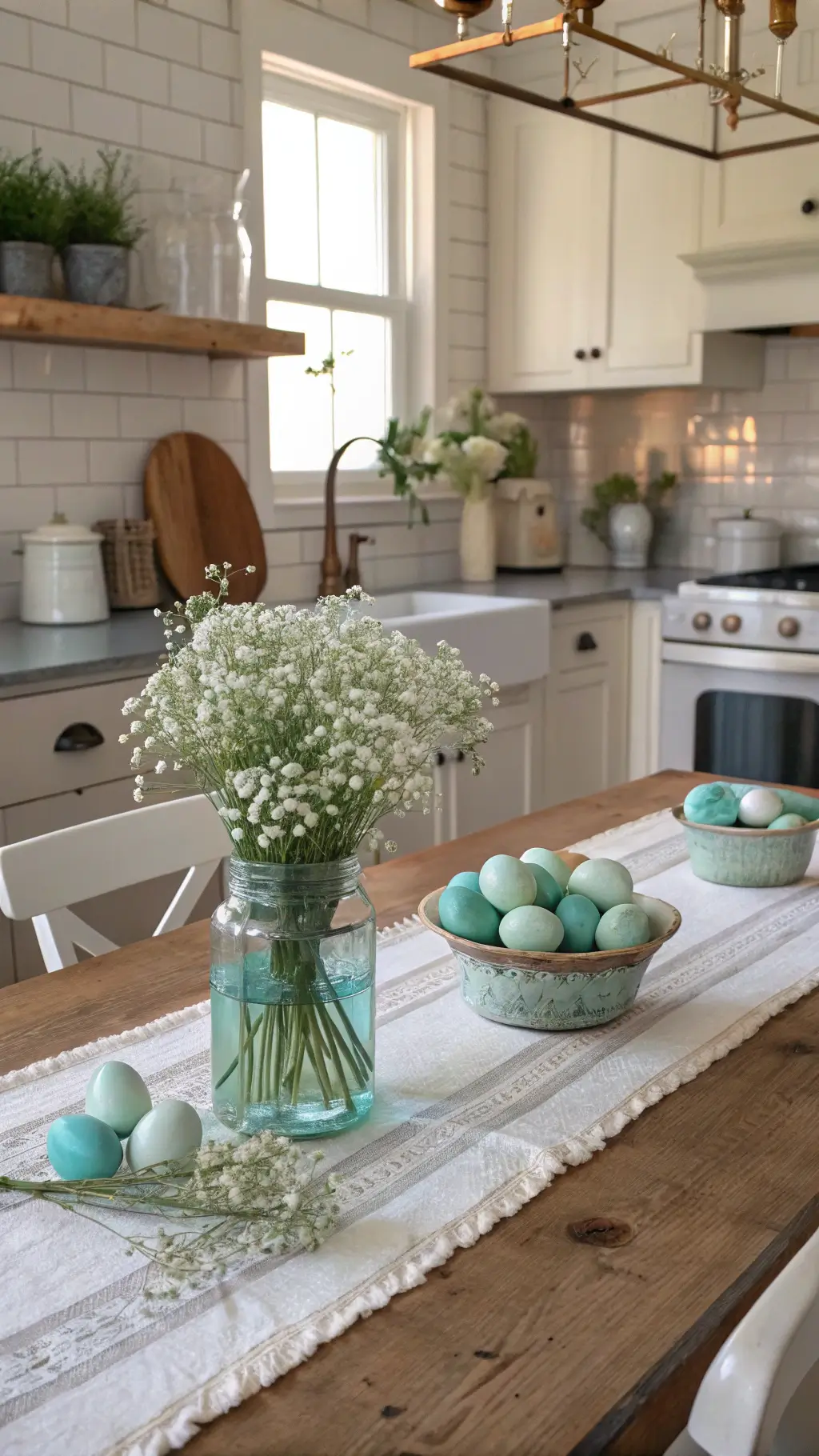 Sunlit kitchen with a vintage farmhouse table dressed with a natural linen runner, mason jars filled with white ranunculus and baby's breath, antique milk glass bowls holding painted Easter eggs, copper accents, and a subway tile backsplash