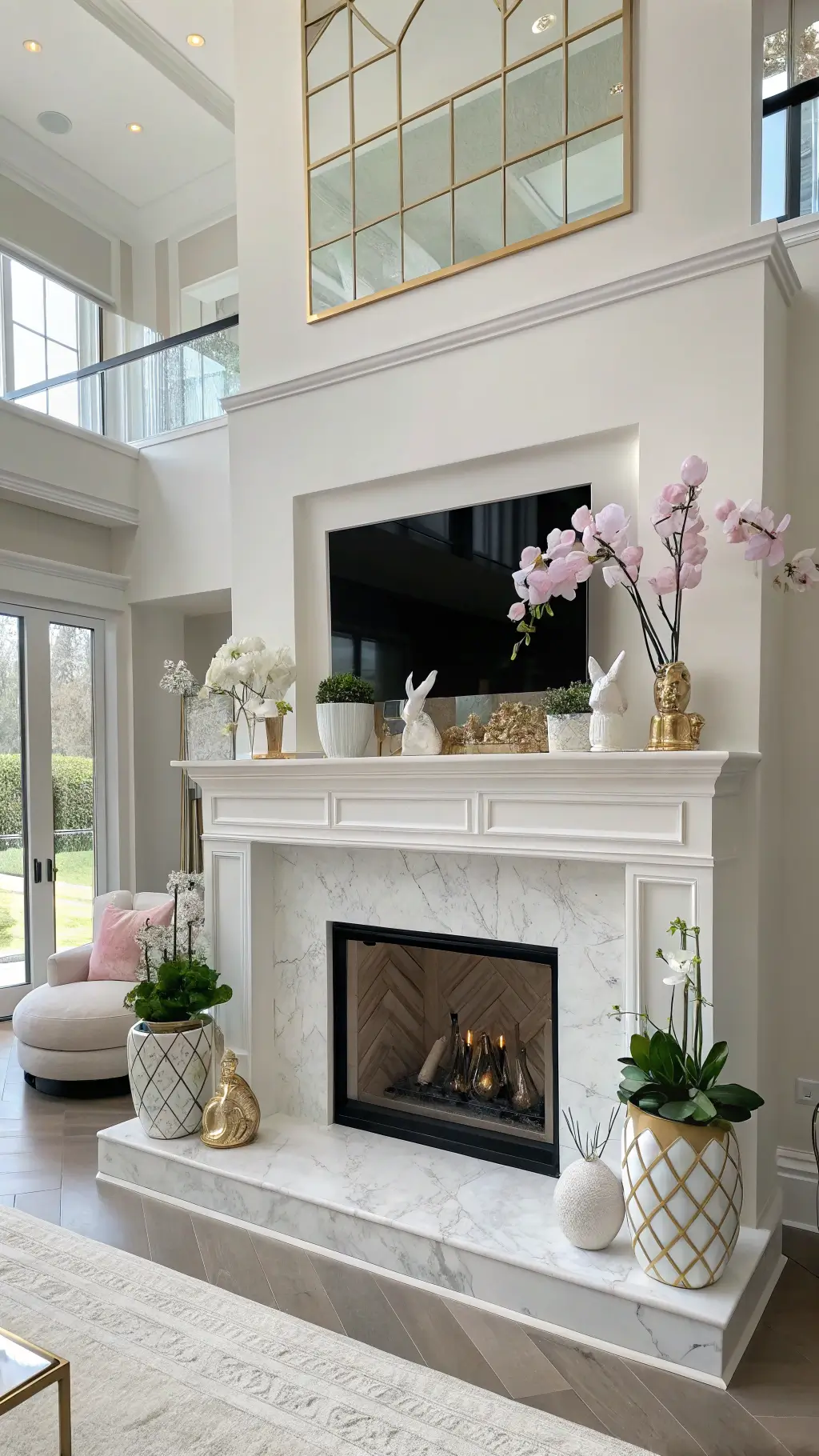 Minimalist, spacious great room featuring white and gold geometric Easter bunny decorations on a marble fireplace, surrounded by potted orchids, illuminated by natural light from floor-to-ceiling windows