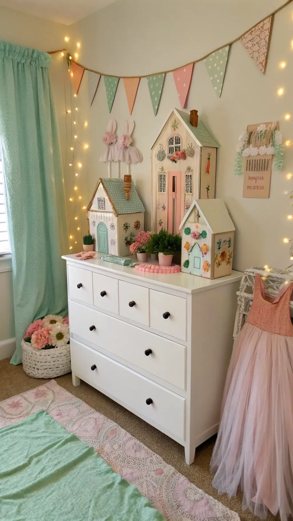 Whimsical children's playroom bathed in soft afternoon light, featuring a vintage dresser adorned with an Easter village made of miniature cardboard houses, paper flowers, felt bunnies, and complemented by mint and coral textiles with string lights
