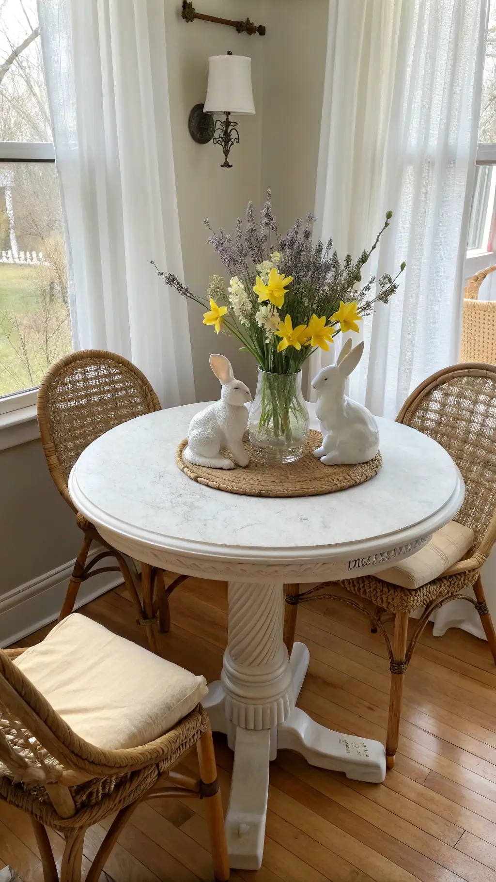 High angle view of a cozy breakfast nook with rattan chairs, round table featuring centerpiece white ceramic bunnies and spring flowers in milk glass vase, bathed in morning light with sheer curtains.