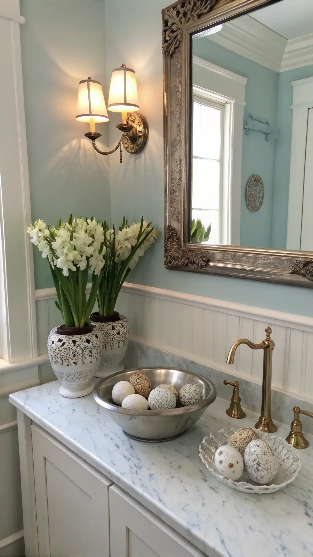 Welcoming powder room with blue walls and white wainscoting, styled marble vanity featuring eggs in silver bowl and hyacinths, illuminated by soft sconce lights.