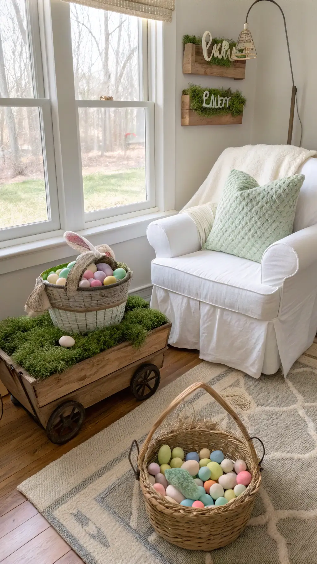 Easter morning in a 10x12ft children's playroom, featuring reading nook with white slipcovered chair and bunny pillow, vintage cart carrying moss-lined baskets with pastel eggs, illuminated by natural light, viewed from child's perspective.