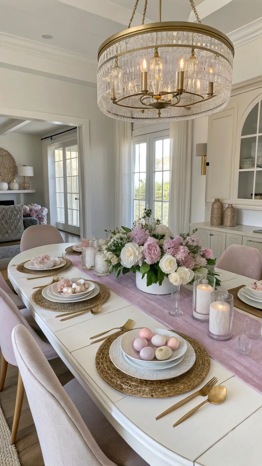 Sophisticated dining room with white oak table, gold-rimmed plates, egg centerpiece, illuminated by warm chandelier light