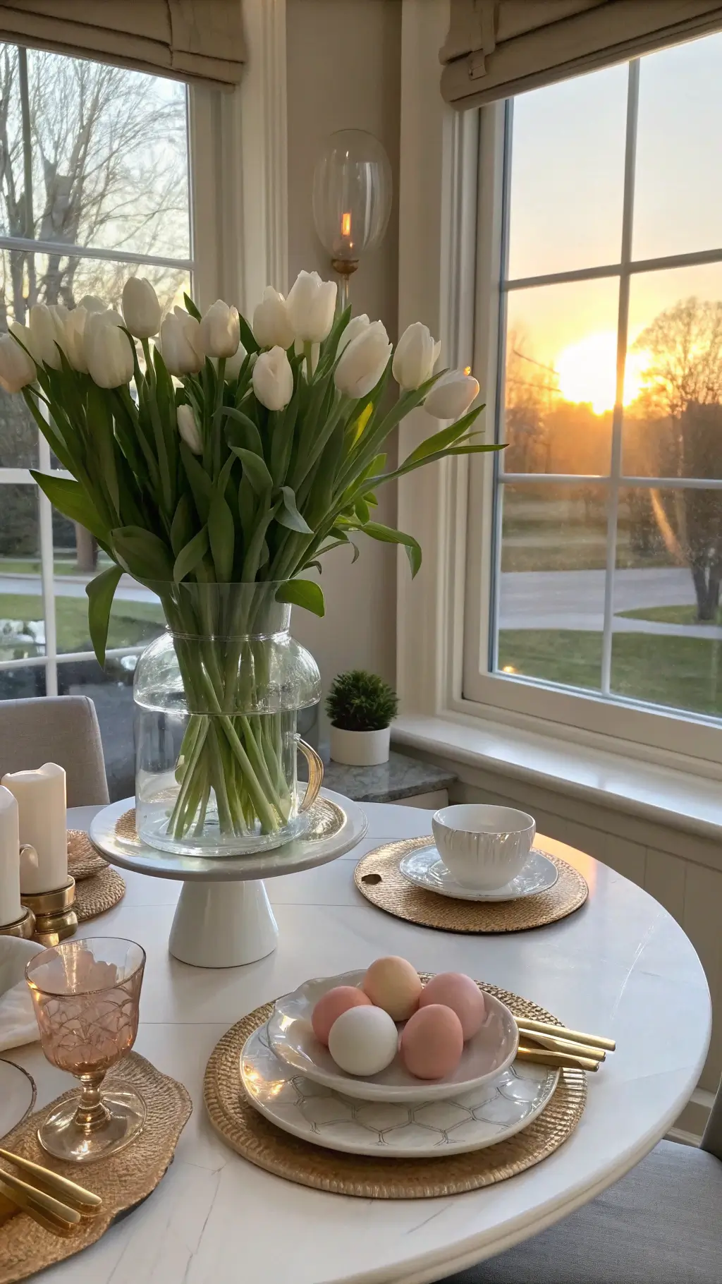 Breakfast nook with white oak round table, decorative eggs, glass vase with tulips in rose gold, blush, and pearl hues, bathed in morning light
