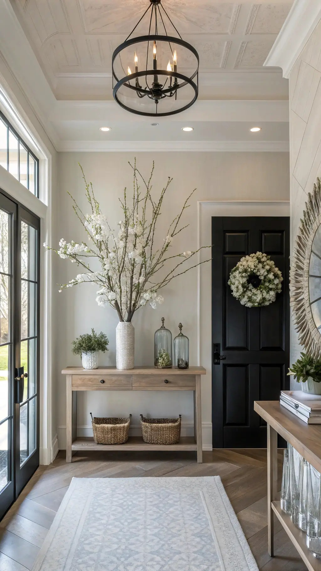 Modern entryway with high ceilings, minimalist console, black door adorned with floral wreath, glass vessels, white cherry blossoms, and subtle LED lighting