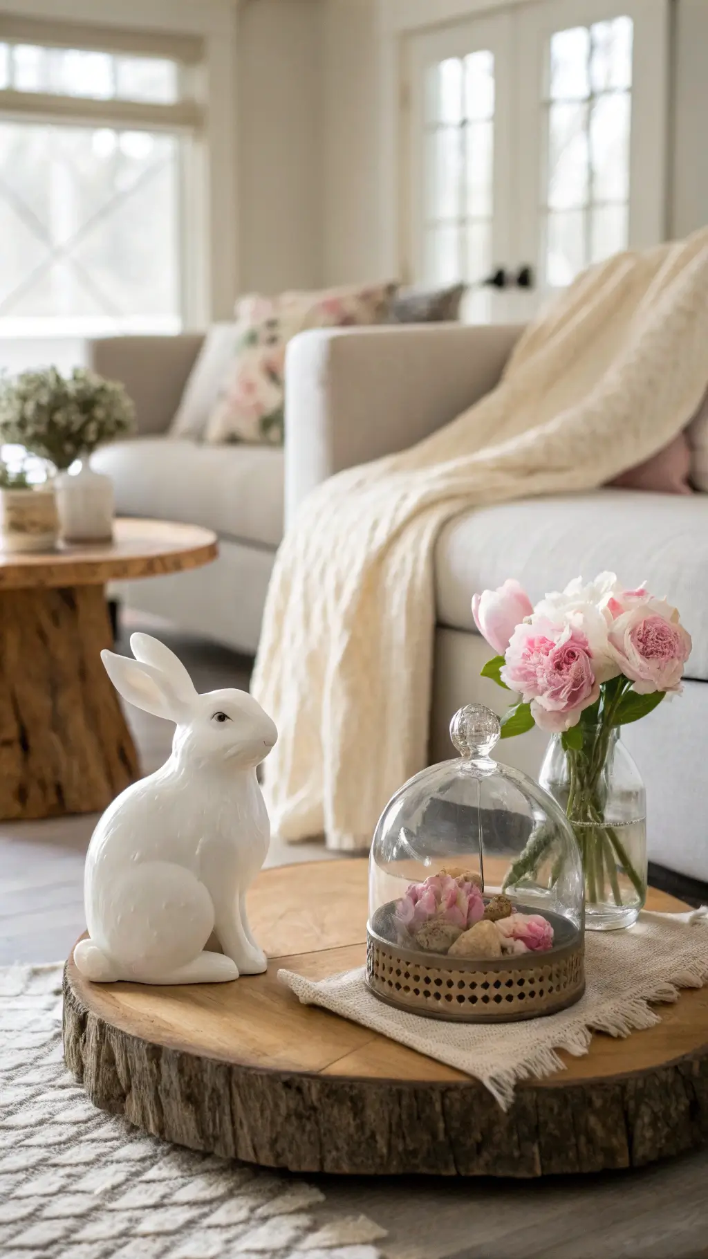 Contemporary sitting area with white ceramic bunny, cream linen throw, wood slice, glass cloche with pink paper flowers, bathed in soft afternoon light