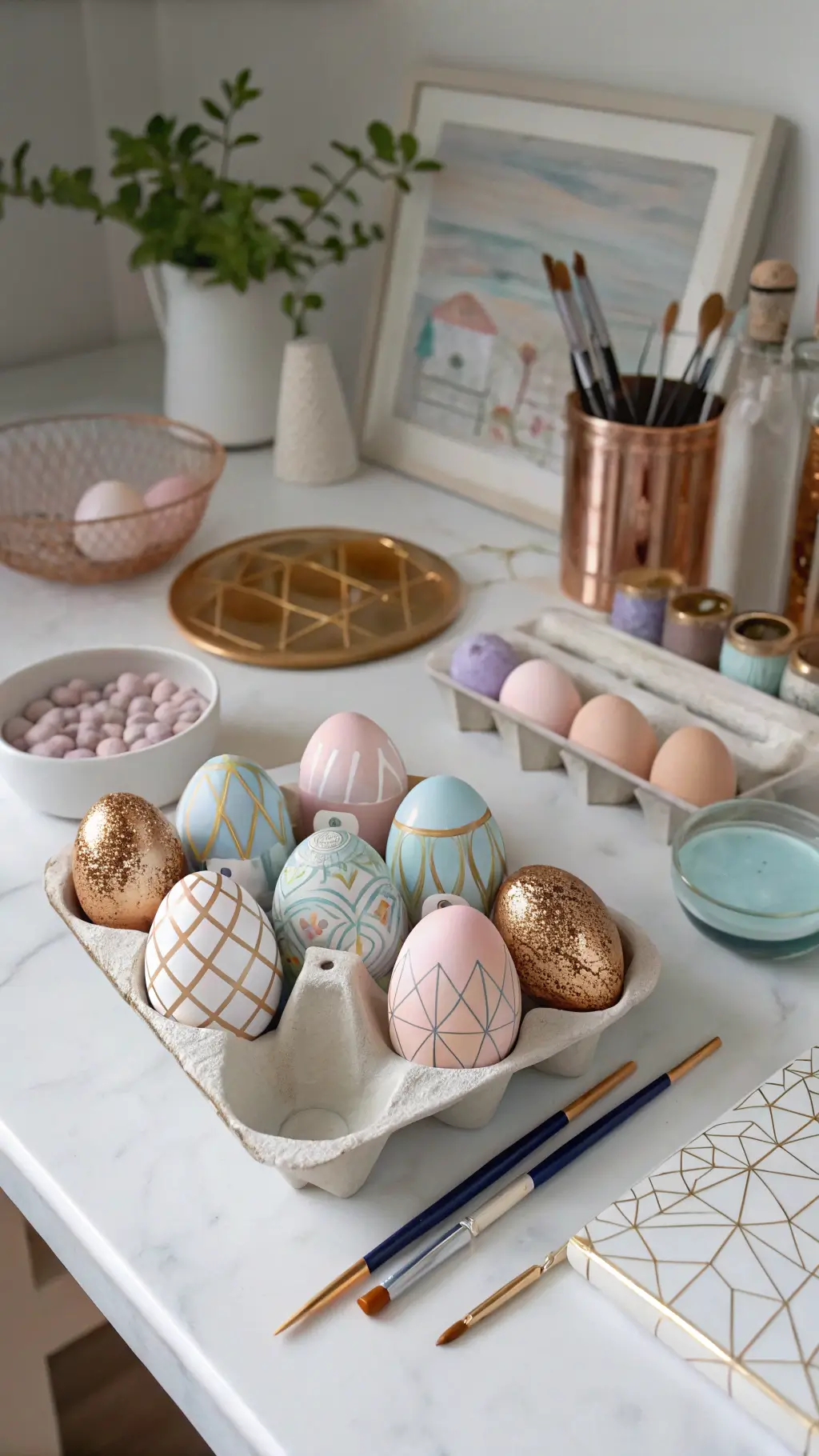 Crafting corner with eggs decorated in rose gold leaf and pastel geometric patterns under soft natural lighting