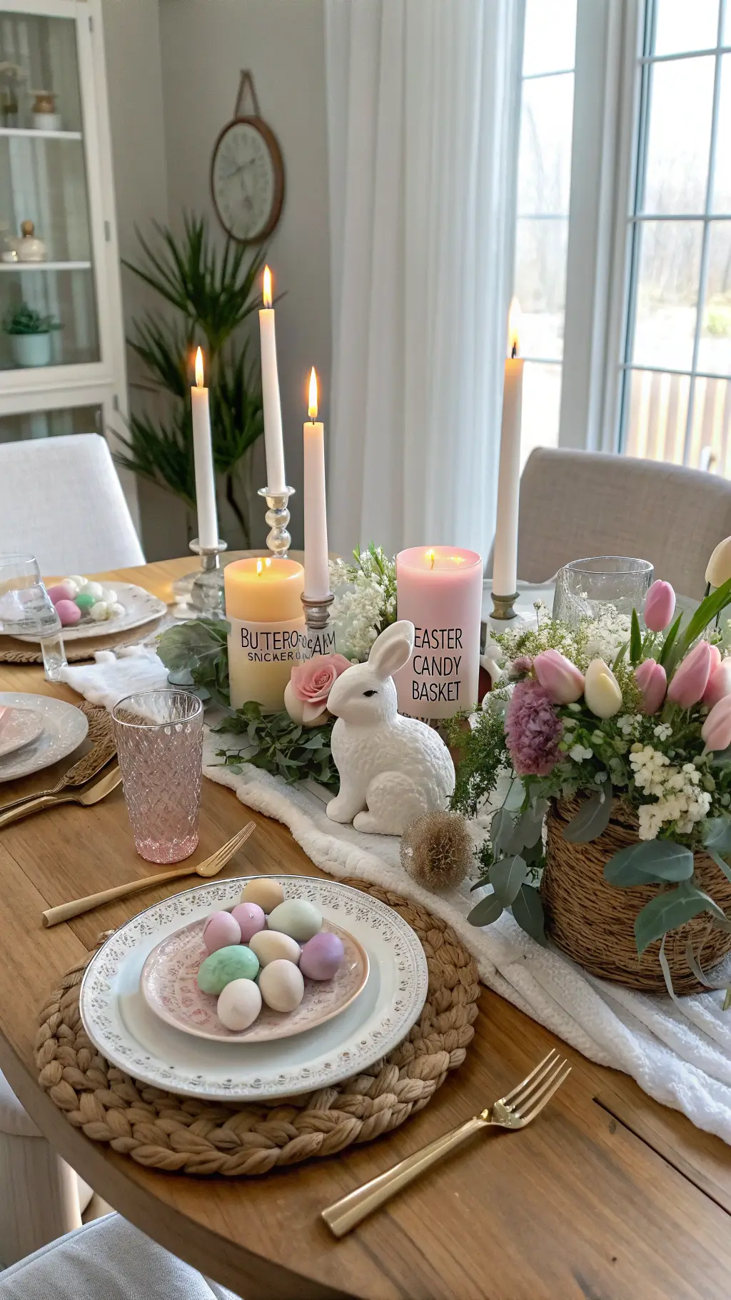 Easter styled contemporary farmhouse dining room with white oak table displaying scented candles, ceramic bunnies, and fresh tulips in shades of cream, sage green, blush pink, lavender, viewed from a 45-degree angle