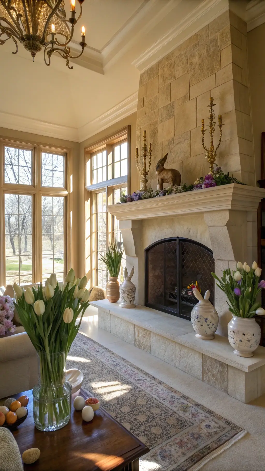 Sunlit living room fireplace adorned with pastel vases, golden bunny figurines, and glittery eggs