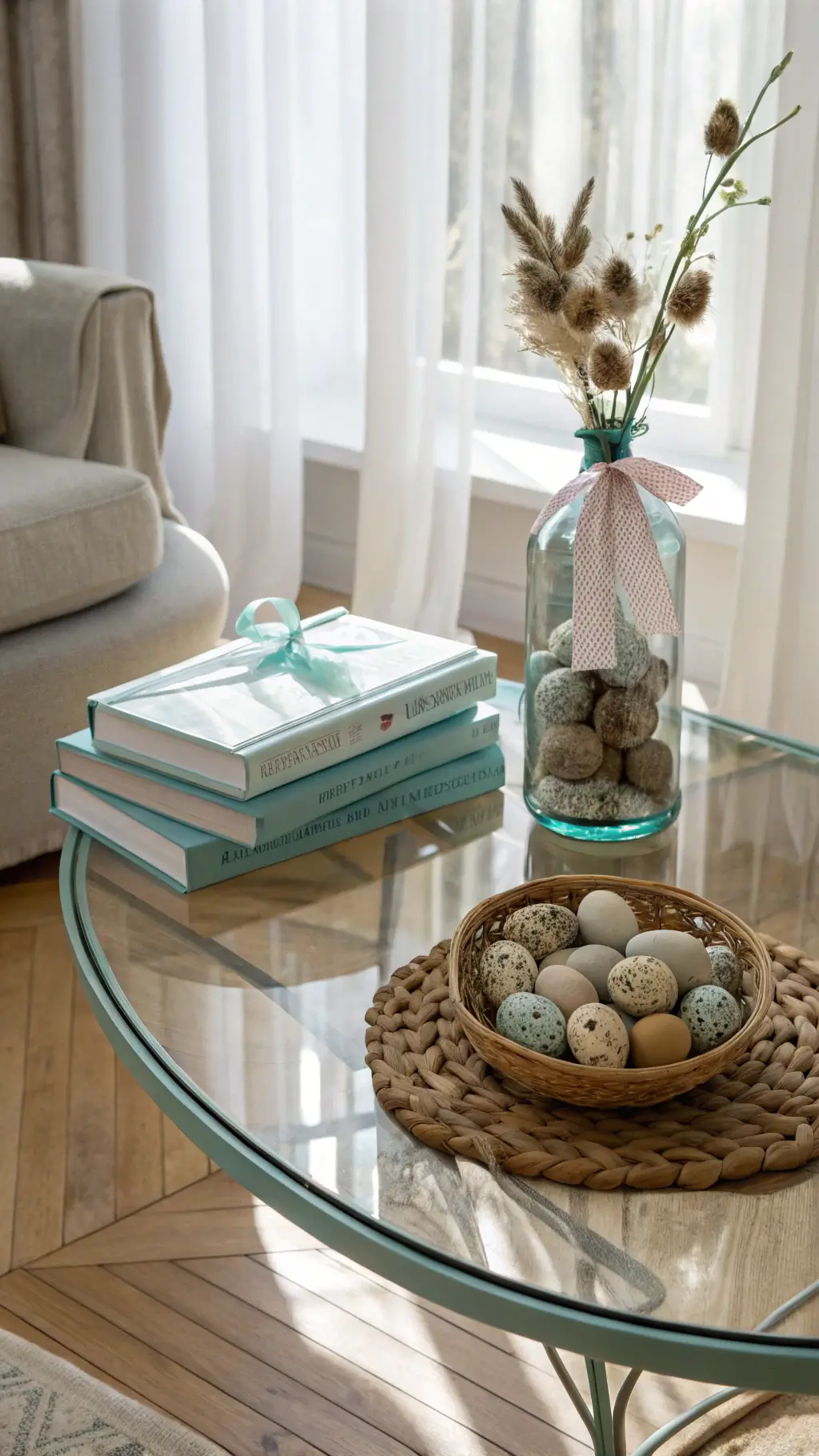 Coffee table featuring pastel books, apothecary jars with eggs, and ribbon-tied baskets