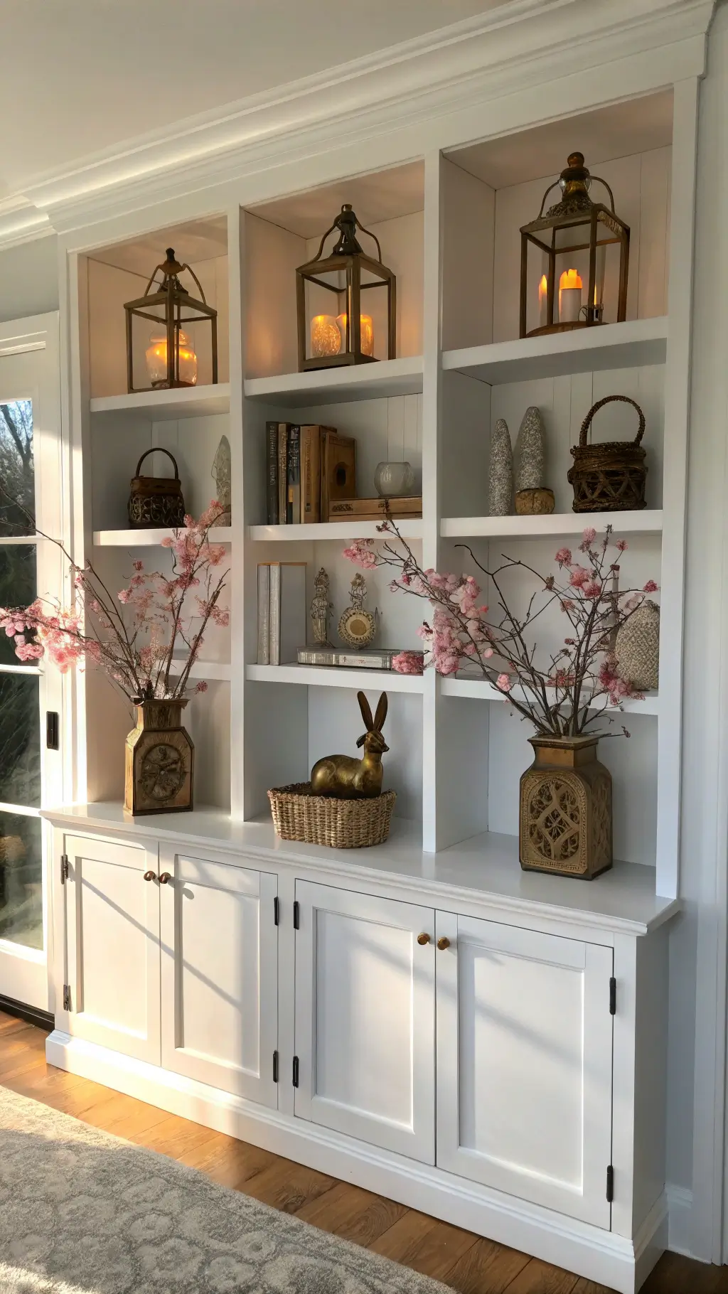 White built-in bookcase decorated with brass lanterns, wooden bunnies, and pink blossoms