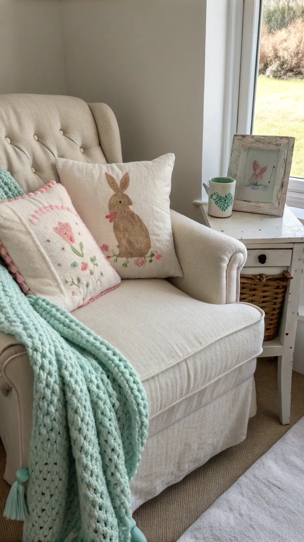 Cream armchair with mint knit throw and pink bunny pillows beside a distressed white side table