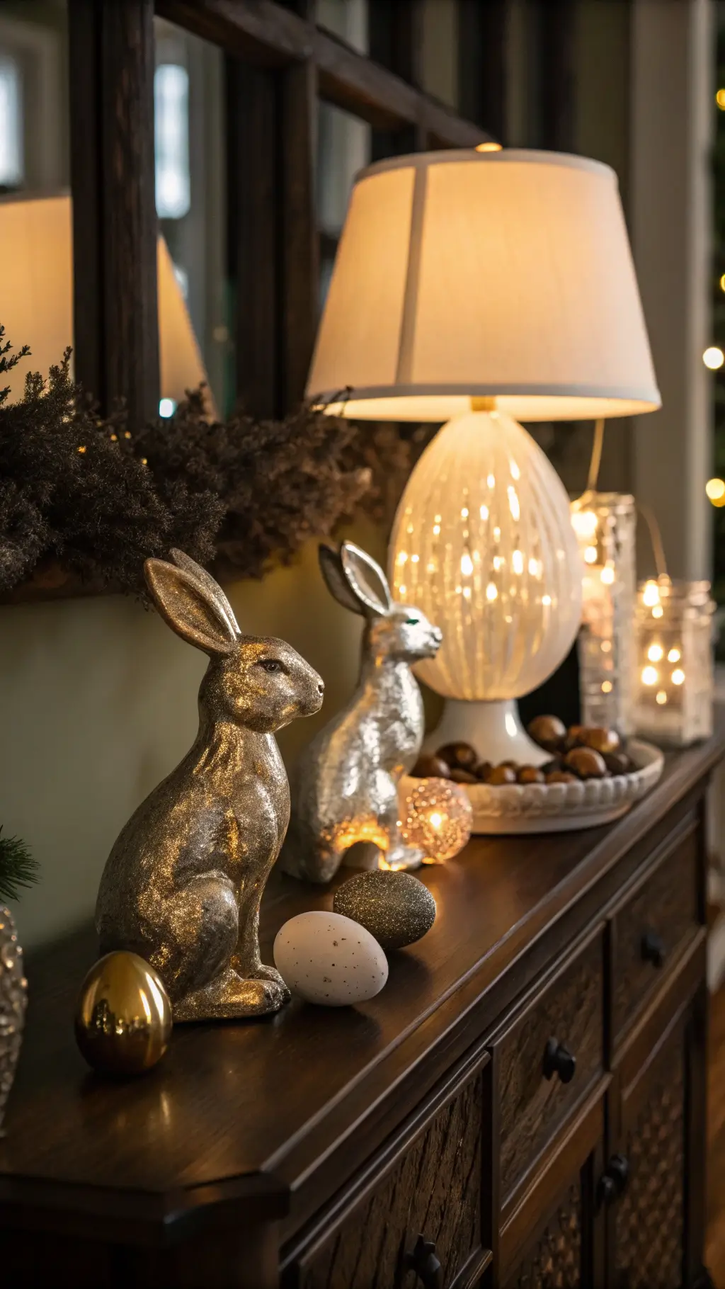 Evening vignette with glowing mercury glass bunnies, metallic eggs, and a table lamp with cream silk shade