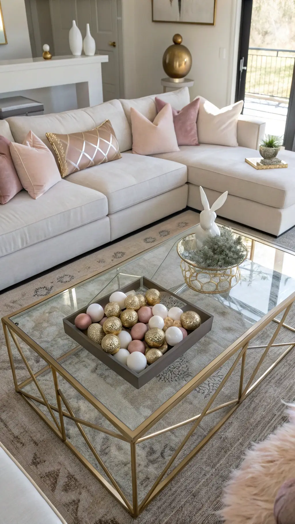 Modern great room with minimalist coffee table sporting a glass terrarium with metallic eggs, a cream sectional with velvet pillows, and brass side tables with ceramic bunnies in afternoon light.